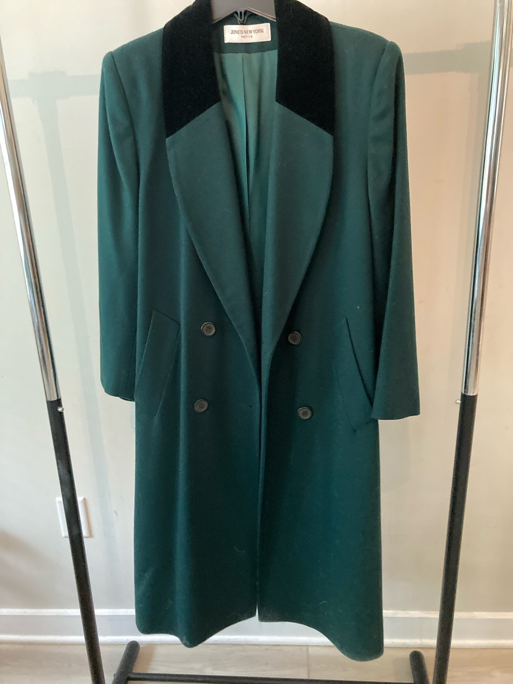 Jones New York Forest Green Double-Breasted Trench Coat with Black Velvet Collar
